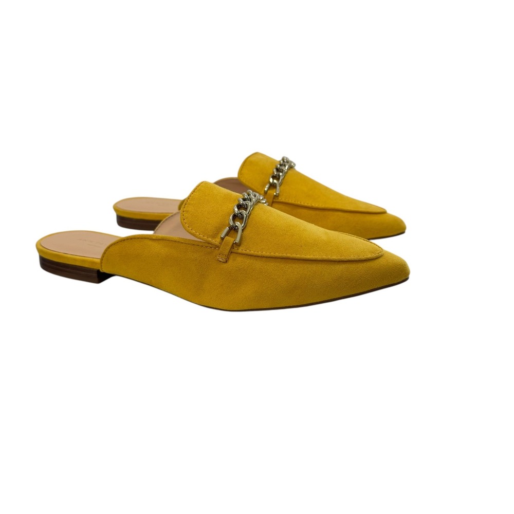 Ann Taylor Mustard Yellow Faux Suede Chain Pointed Toe Mules Loafer Flat 8.5